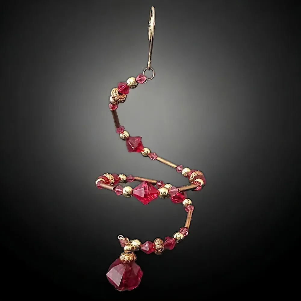 Beaded Memory Wire Ornament Spiral Dangle‎ Twist Sparkly Christmas Red Gold Tone